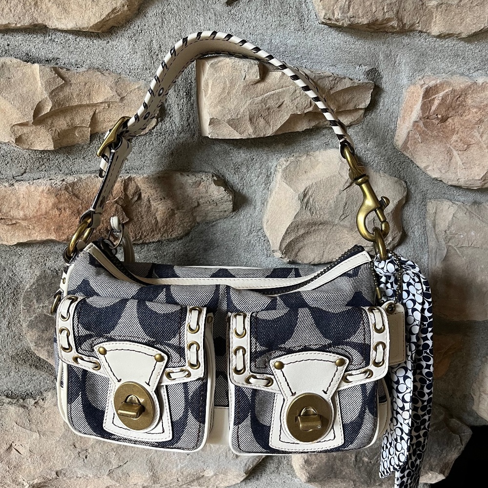 Coach Satchel with denim logo and white leather